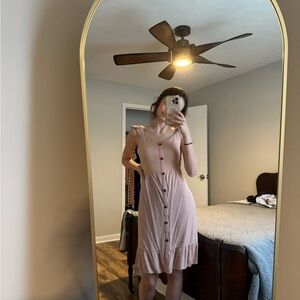 Casual Pink Sheath Midi Dress with Mock Neck